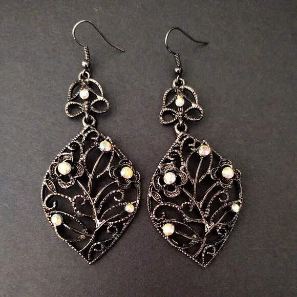 Dark metal dangle earrings with aurora borealis bead accents - Picture 7 of 10